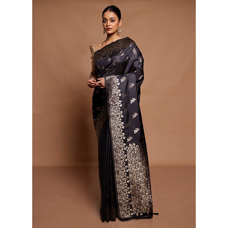 Black Dupion Silk Saree With Blouse Piece - JD986591654