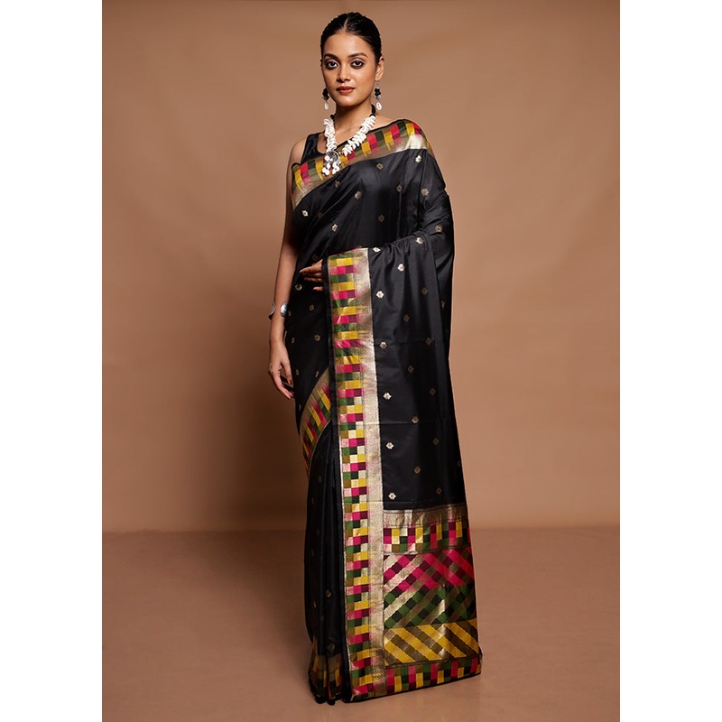 Black Dupion Silk Saree With Blouse Piece - JD986591655