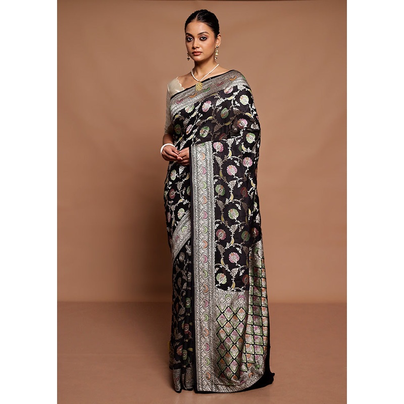 Black Handloom Pure Georgette Saree With Blouse Piece - JD986591653