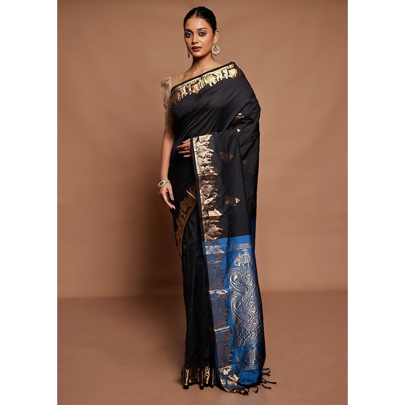Black Kanjivaram Silk Saree With Blouse Piece - JD986591652