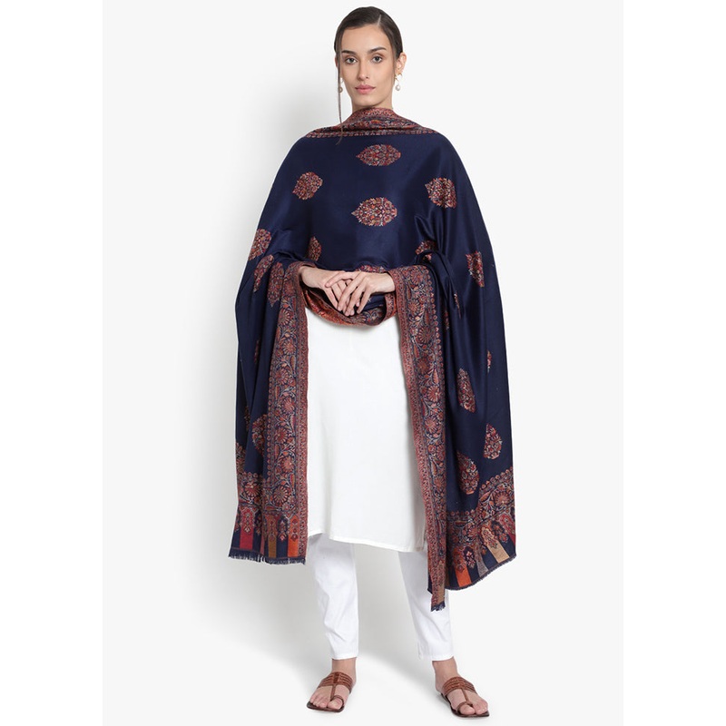 Blue Designer Motifs Woolen Shawl - JD986591699