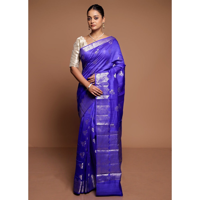 Blue Dupion Silk Saree With Blouse Piece - JD986591650