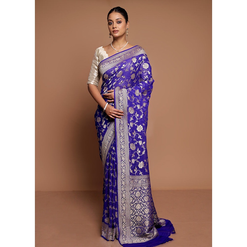 Blue Gadwal Pure Silk Saree Without Blouse Piece - JD986591649