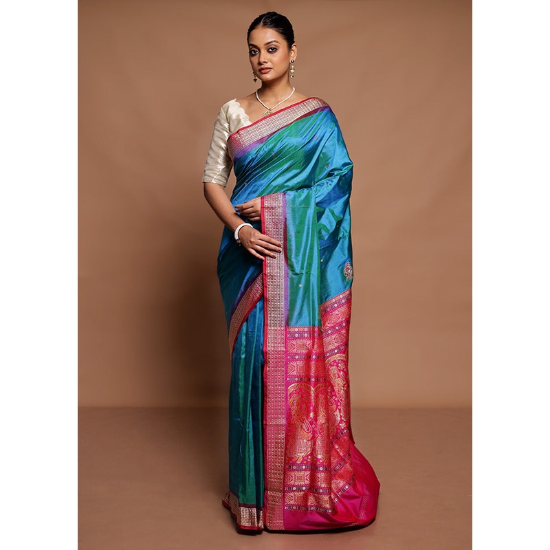 Blue Handloom Bomkai Pure Silk Saree With Blouse Piece - JD986591647