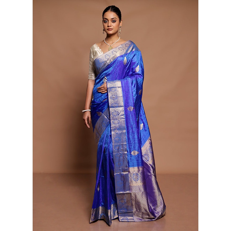 Blue Handloom Kanchipuram Pure Silk Saree With Blouse Piece - JD986591645