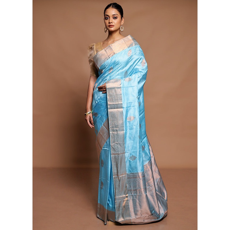 Blue Handloom Kanchipuram Pure Silk Saree With Blouse Piece - JD986591646