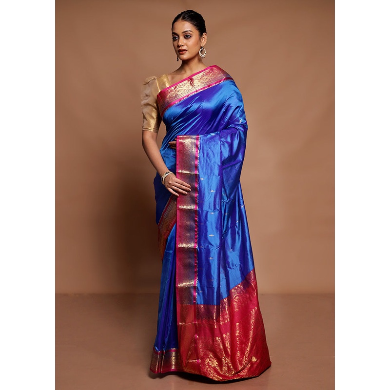 Blue Handloom Kanjivaram Pure Silk Saree With Blouse Piece - JD986591644