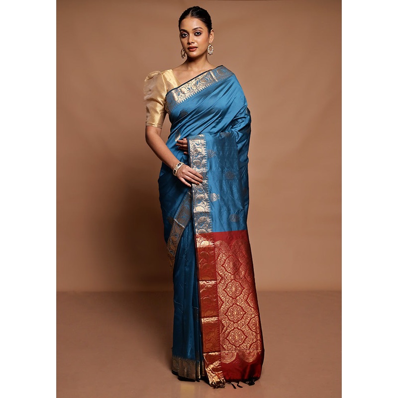 Blue Kanjivaram Silk Saree With Blouse Piece - JD986591643