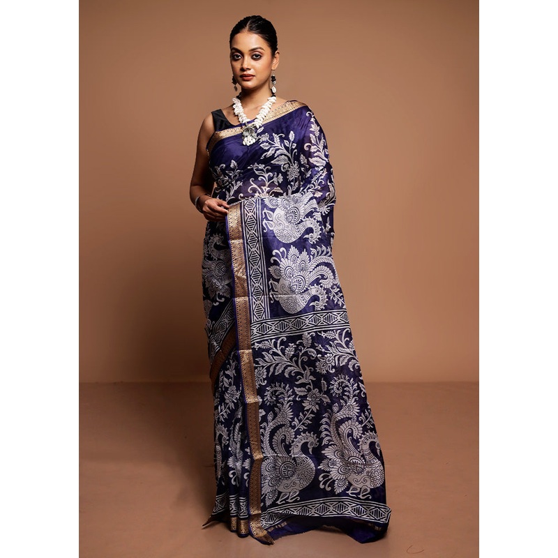 Blue Printed Pure Silk Saree Without Blouse Piece - JD986591642