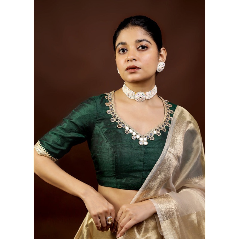 Bottle Green Pure Silk Designer Blouse - JD986591658