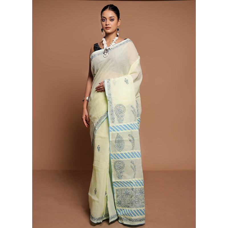 Cream Chikankari Saree With Blouse Piece - JD986591641
