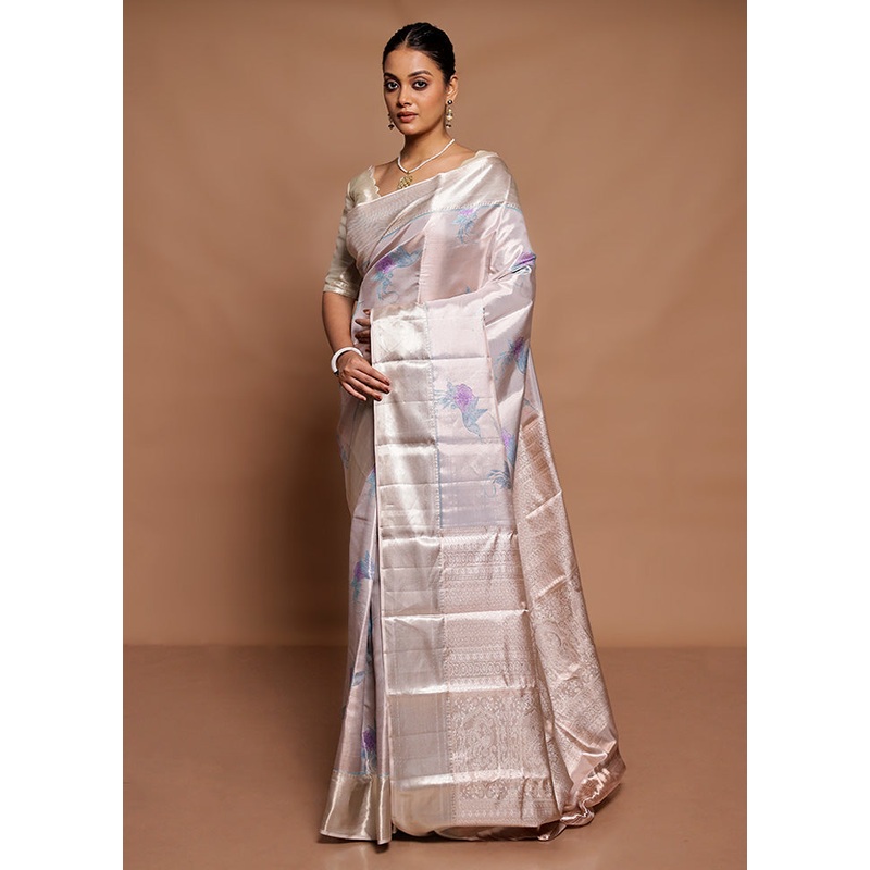 Cream Handloom Kanchipuram Pure Silk Saree With Blouse Piece - JD986591636