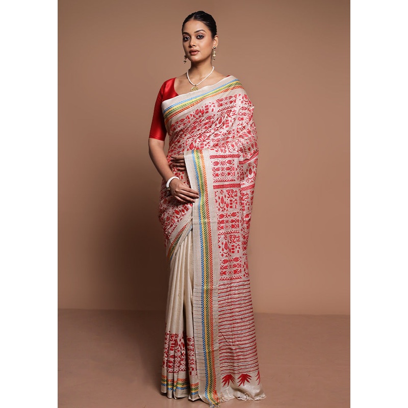 Cream Handloom Kantha Stitch Pure Silk Saree With Blouse Piece - JD986591634