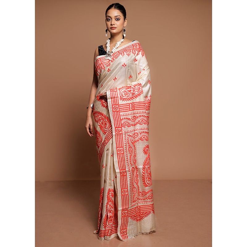Cream Handloom Kantha Stitch Pure Silk Saree With Blouse Piece - JD986591635