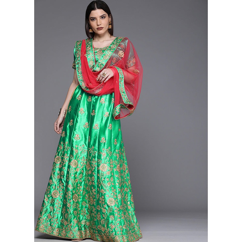 Green And Red Semi Stitched Silk Lehenga Set With Blouse Piece And Dupatta - JD986591742