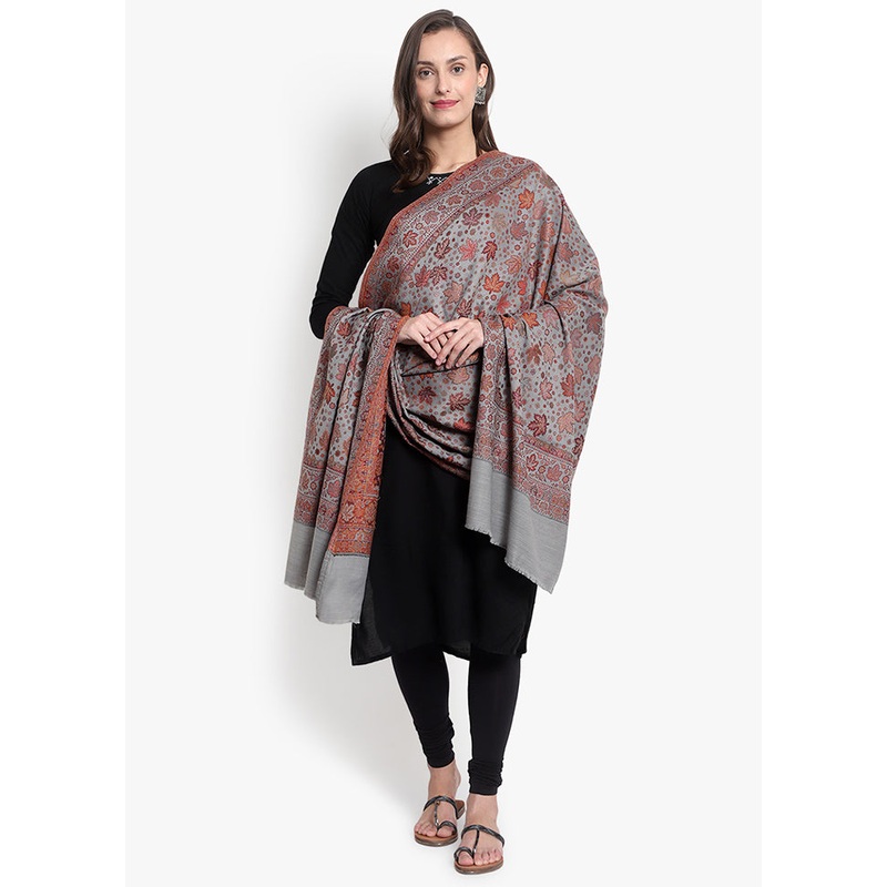 Grey Floral Woolen Shawl - JD986591683