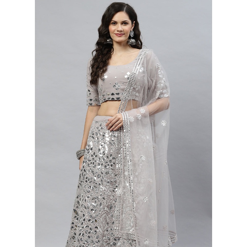 Grey Semi Stitched Georgette Lehenga Set With Blouse Piece And Dupatta - JD986591744