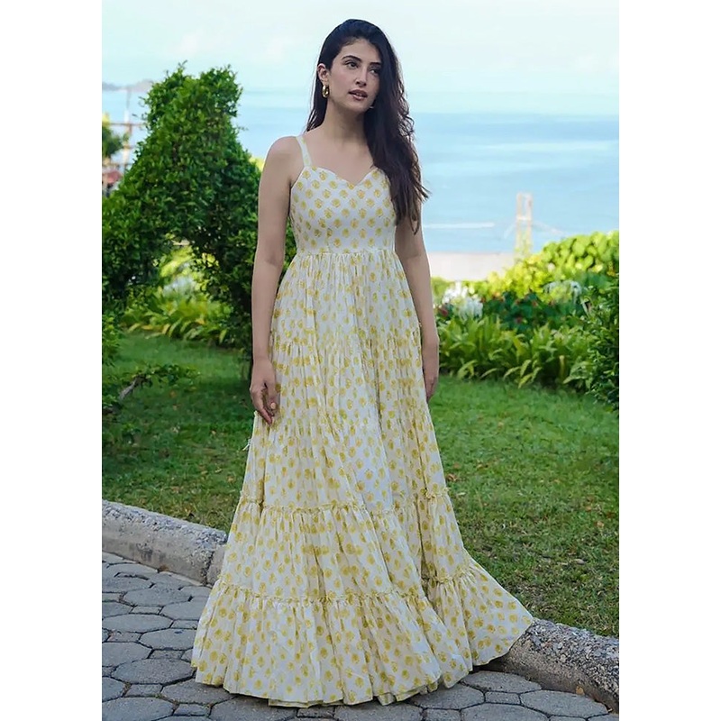 Light Yellow Readymade Rayon Indian Dress - JD986591667