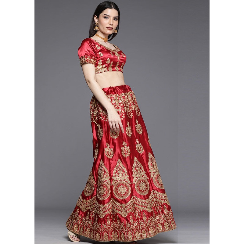 Maroon And Beige Semi Stitched Silk Lehenga Set With Blouse Piece And Dupatta - JD986591738