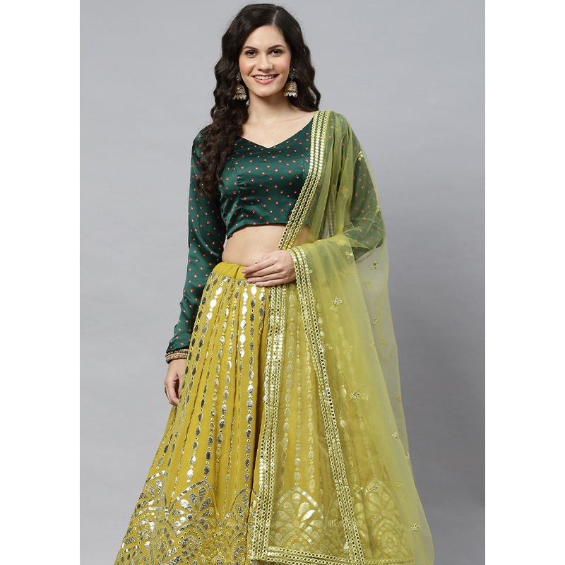 Olive Green Semi Stitched Georgette Lehenga Set With Blouse Piece And Dupatta - JD986591747