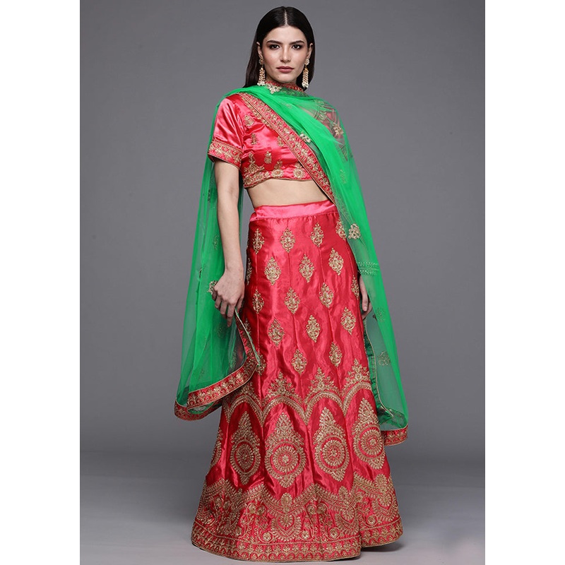 Pink And Green Semi Stitched Silk Lehenga Set With Blouse Piece And Dupatta - JD986591739