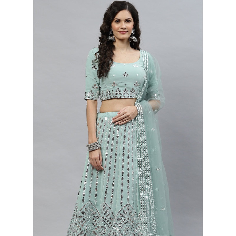 Pista Green Semi Stitched Georgette Lehenga Set With Blouse Piece And Dupatta - JD986591746