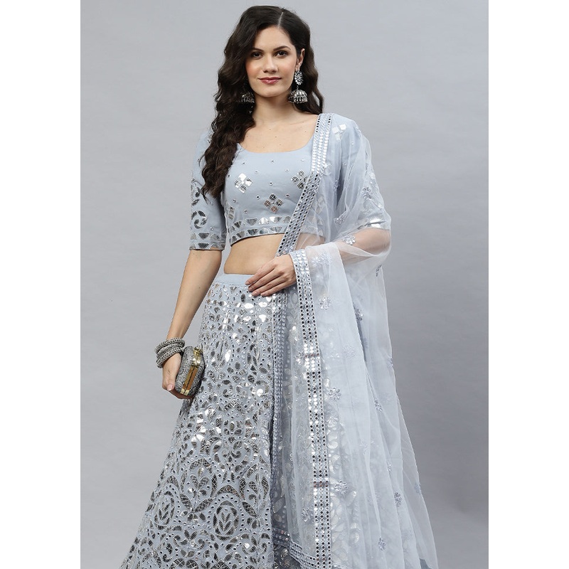 Powder Blue Semi Stitched Georgette Lehenga Set With Blouse Piece And Dupatta - JD986591743