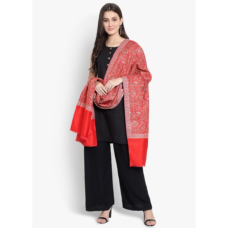 Red Jamewar Woven Silk Shawl - JD986591703
