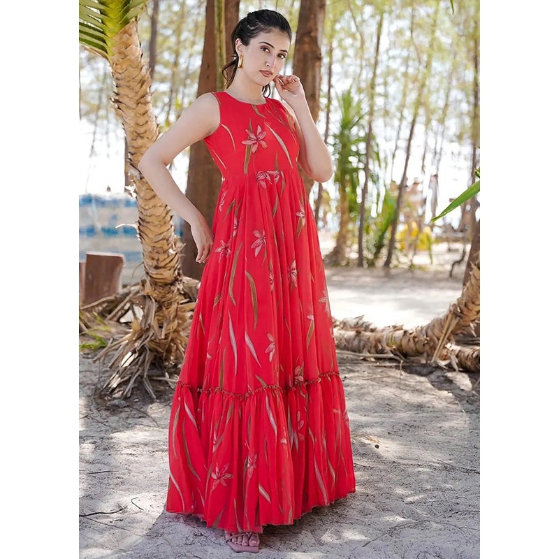 Red Readymade Rayon Indian Dress - JD986591666