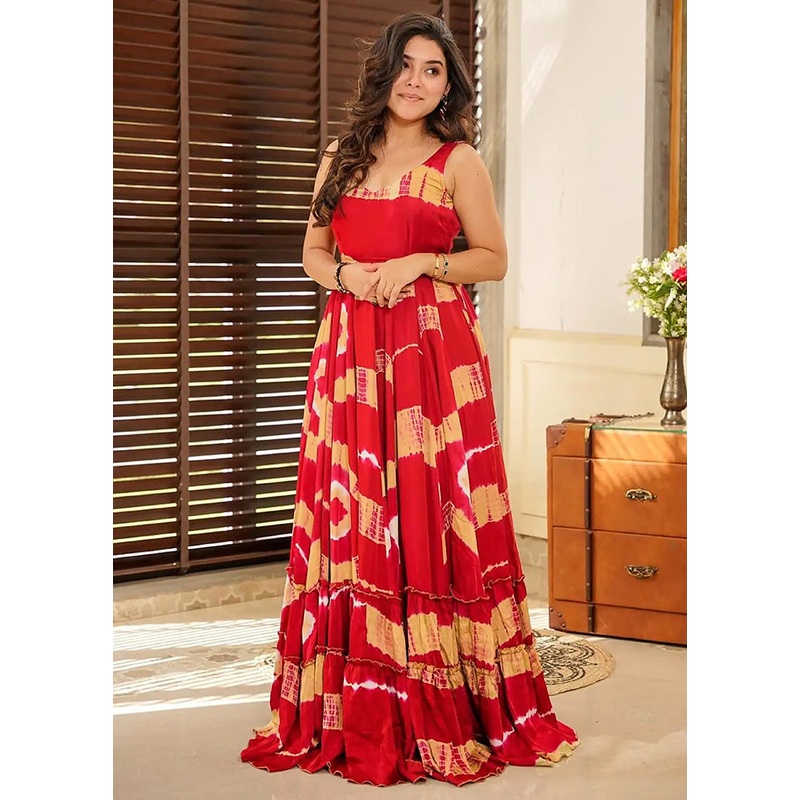 Red Readymade Rayon Indian Dress - JD986591671