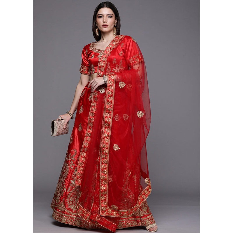 Red Semi Stitched Silk Lehenga Set With Blouse Piece And Dupatta - JD986591741