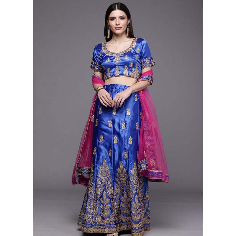Royal Blue And Pink Semi Stitched Silk Lehenga Set With Blouse Piece And Dupatta - JD986591740