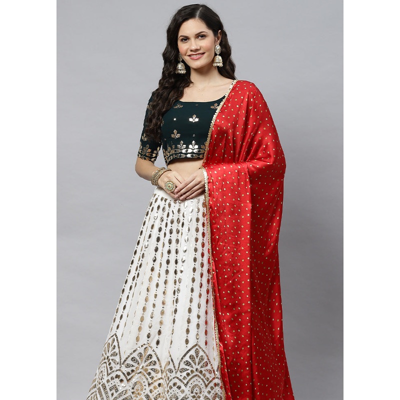 White Semi Stitched Georgette Lehenga Set With Blouse Piece And Dupatta - JD986591748