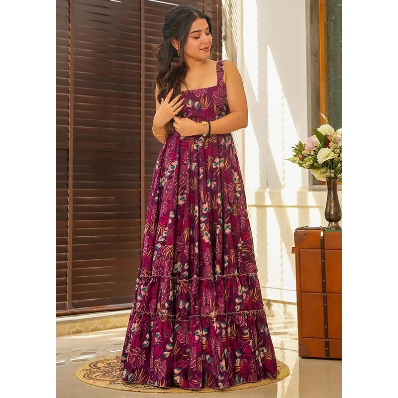 Wine Readymade Rayon Indian Dress - JD986591672