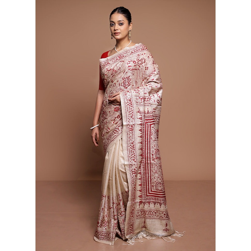 Cream Handloom Kantha Stitch Pure Silk Saree With Blouse Piece - JD986591633