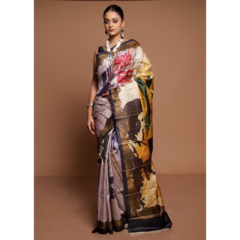 Cream Handloom Tussar Pure Silk Saree With Blouse Piece - JD986591631