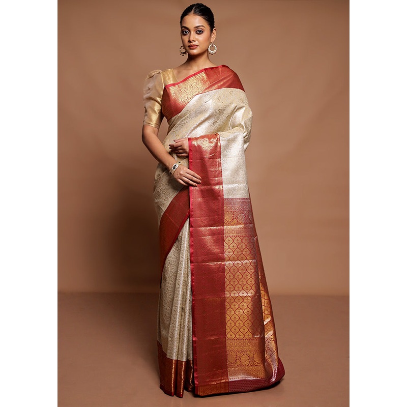 Cream Kanjivaram Silk Saree With Blouse Piece - JD986591630