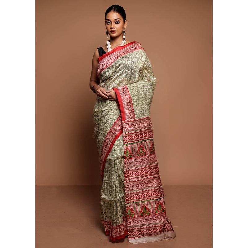 Cream Printed Pure Silk Saree Without Blouse Piece - JD986591628