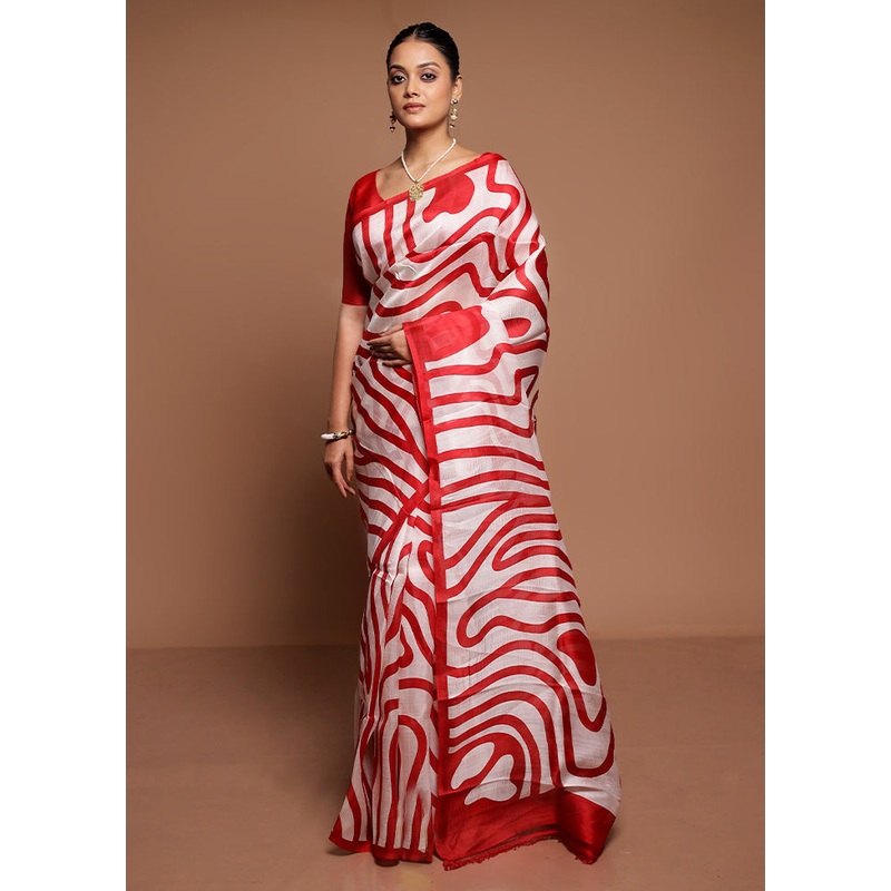 Cream Printed Pure Silk Saree Without Blouse Piece - JD986591629