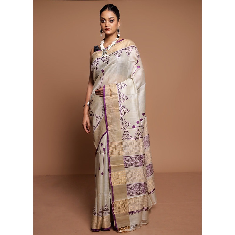 Cream Tussar Silk Saree With Blouse Piece - JD986591626