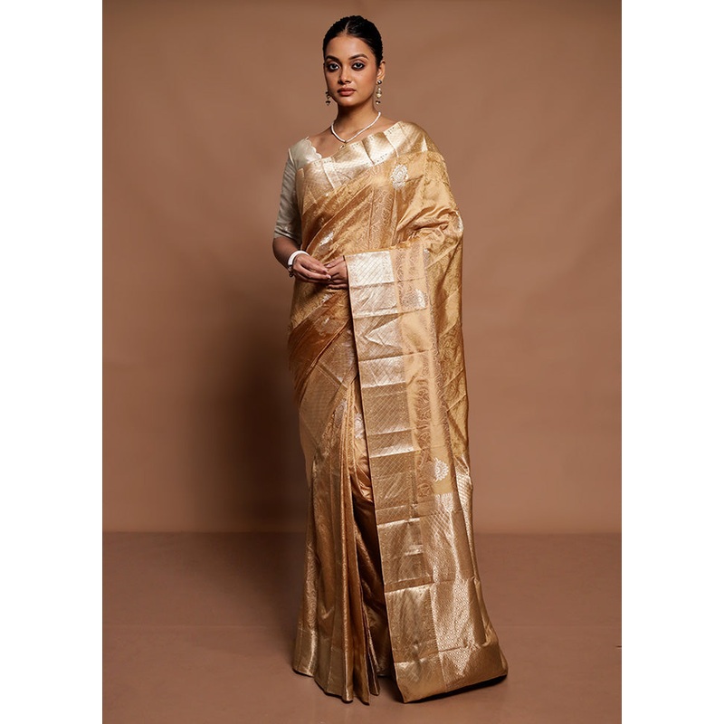 Golden Handloom Kanchipuram Pure Silk Saree With Blouse Piece - JD986591625