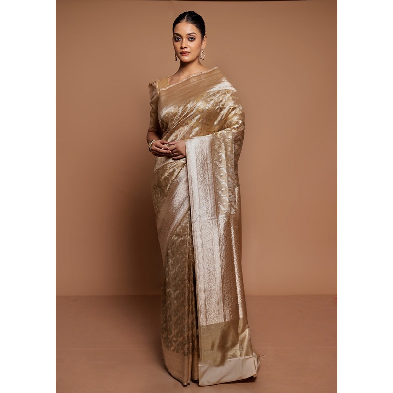 Golden Tissue Silk Saree With Blouse Piece - JD986591624