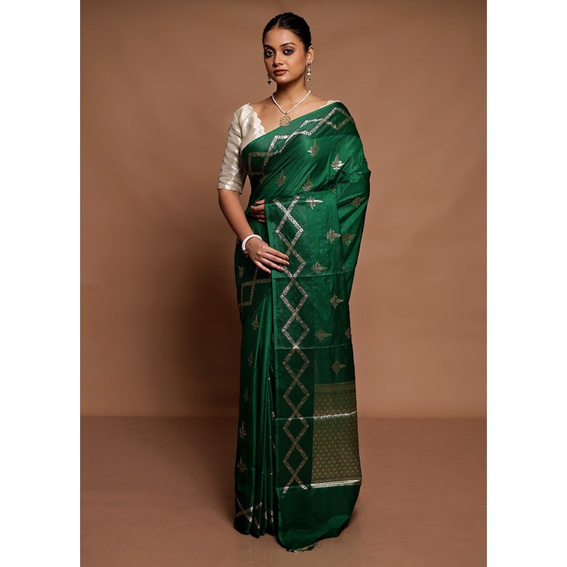 Green Dupion Silk Saree With Blouse Piece - JD986591616
