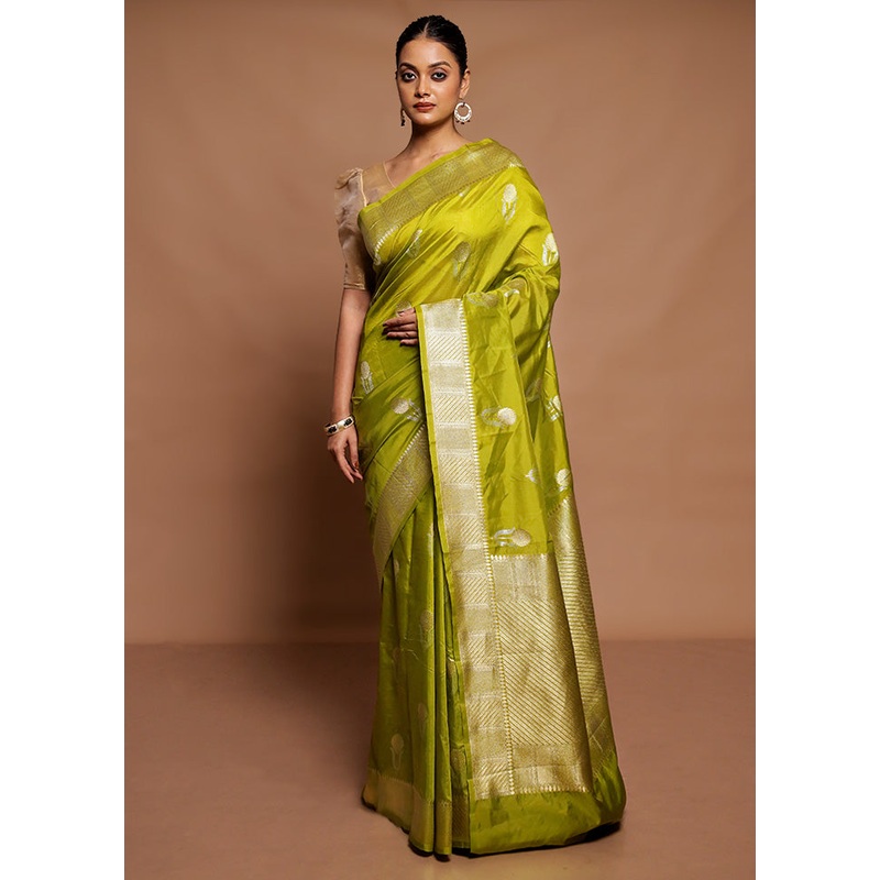 Green Dupion Silk Saree With Blouse Piece - JD986591620