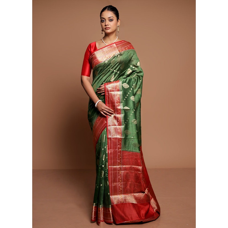 Green Dupion Silk Saree With Blouse Piece - JD986591622