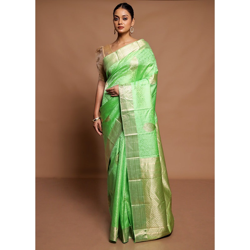 Green Handloom Kanchipuram Pure Silk Saree With Blouse Piece - JD986591609