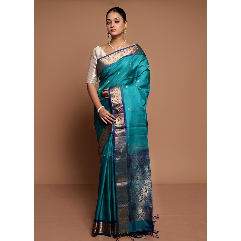 Green Handloom Kanchipuram Pure Silk Saree With Blouse Piece - JD986591612
