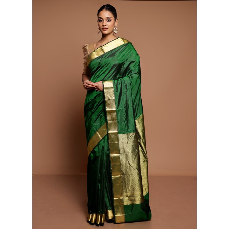 Green Handloom Kanjivaram Pure Silk Saree With Blouse Piece - JD986591608