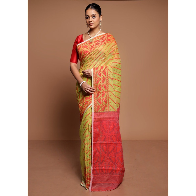 Green Tant Jamdani Saree Without Blouse Piece - JD986591605