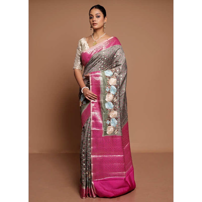 Grey Handloom Dupion Pure Silk Saree With Blouse Piece - JD986591604